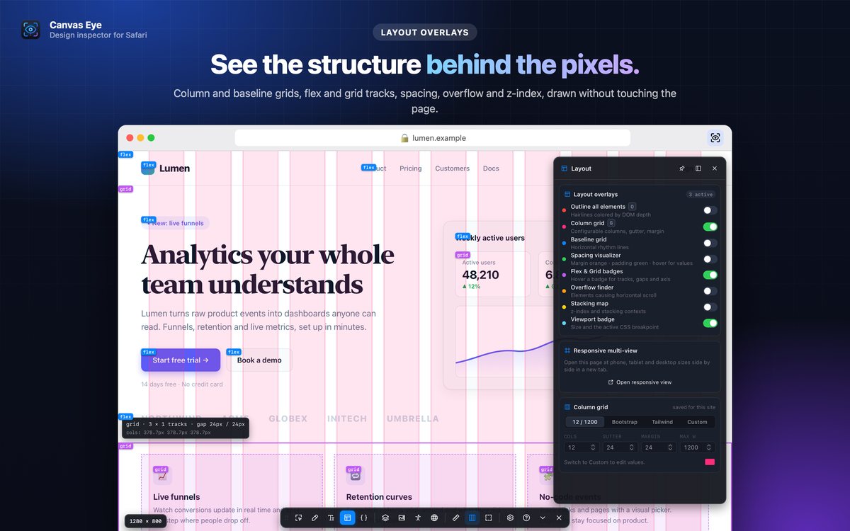 Column grid and flex/grid badges over a website