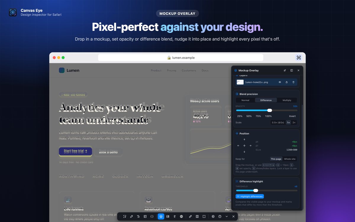 A design mockup overlaid on a website in difference mode