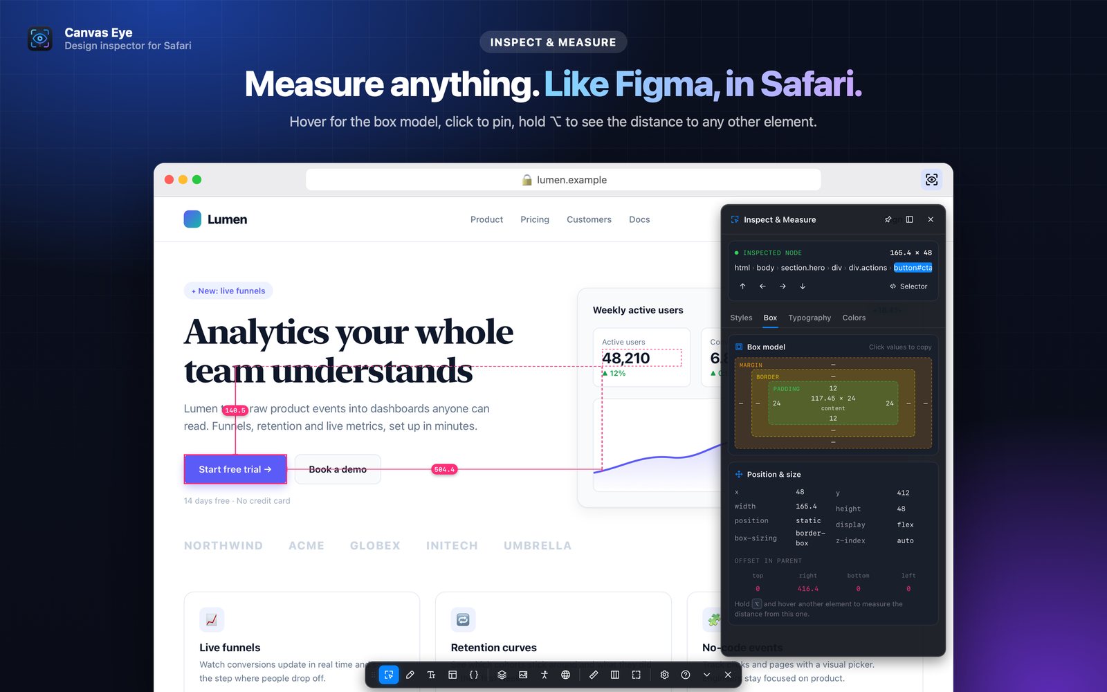 Canvas Eye measuring the distance between two elements on a website in Safari