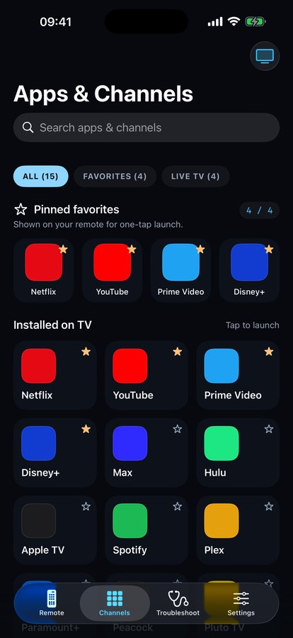 App launcher with favorites and Live TV channels