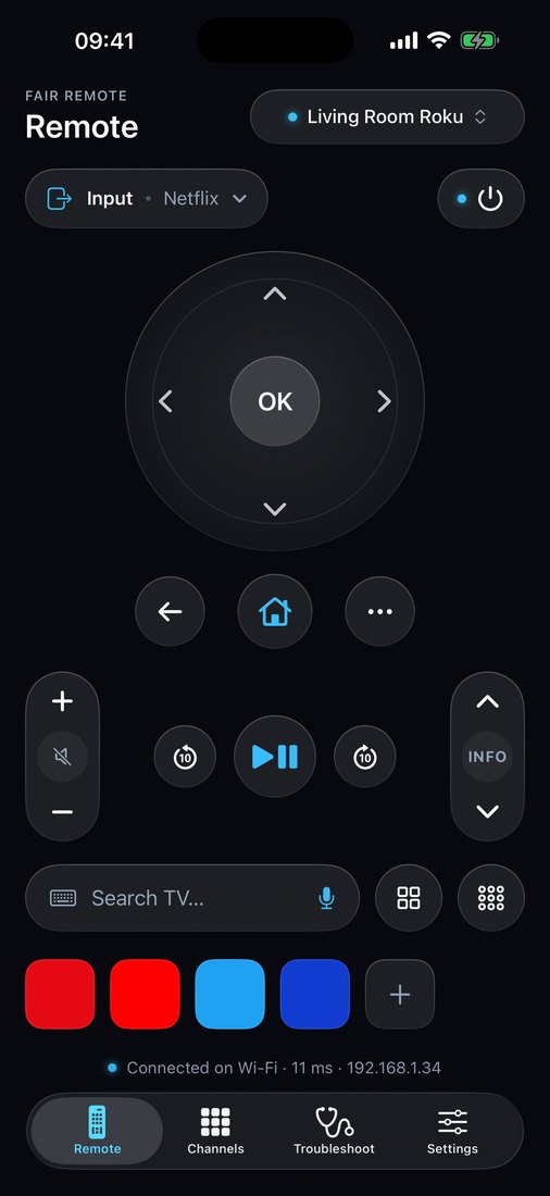 Fair Remote on iPhone showing the remote screen connected to a Roku TV