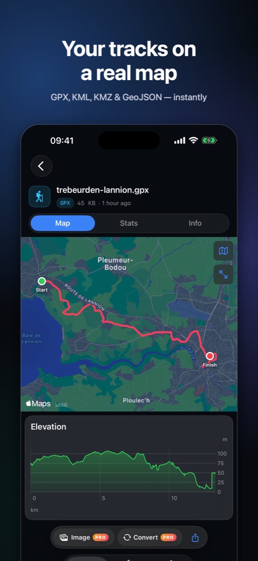 OmniFile Studio on iPhone showing a GPX route on Apple Maps with an elevation profile